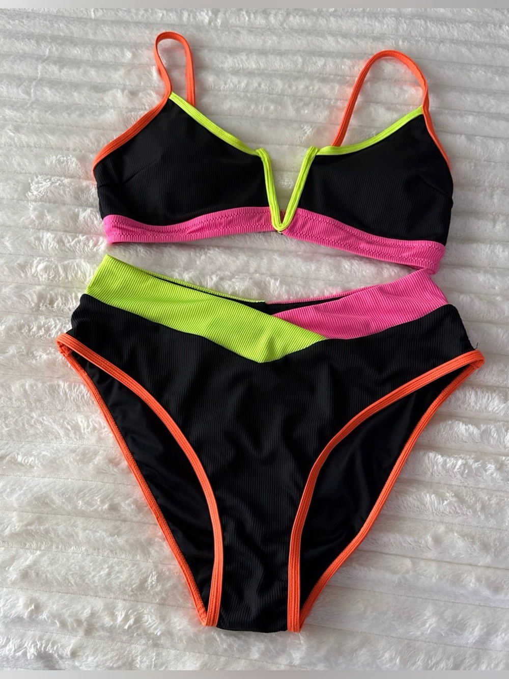 POPVIL Neon Colorblock Ribbed Bikini Set Black Pink Green Size Medium